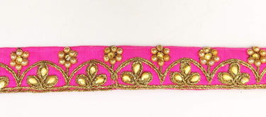 Fuchsia Silk Fabric Lace Trim Floral Embroidery & Indian Stones Kundan Embellishment, Decorative Sari Trim, Floral Border Trim By Yard